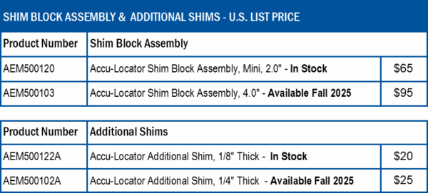 Aladco Accu-Locator Shim Block U.S. Price List